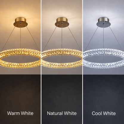 Lustra LED cu Telecomanda, LLC132/500GD, Cristal si Metal, 26W, 1 Cerc, Dimabila, Inaltime Reglabila, Lumina Rece/Calda/Neutra, Iluminat Luxos