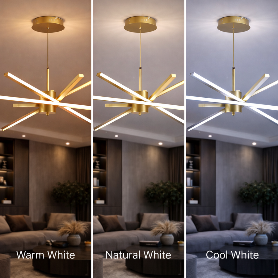 Lustra LED cu Telecomanda LT176/5GD, 69W, 5 Elemente, Lumina Rece/Clada/Neutra 3000K/4000K/6000K, Dimabila, Auriu, Inaltime Reglabila,  Metal si Acril