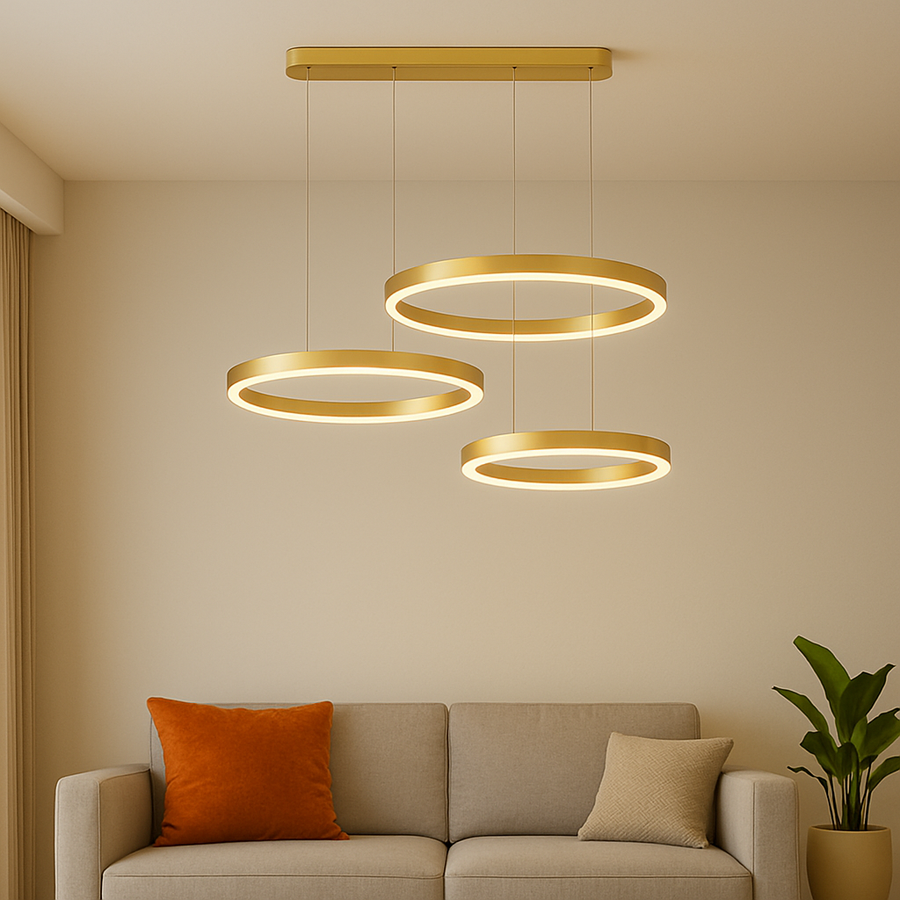 Lustra LED suspendata cu telecomanda PERU 150W, 3 Cercuri, lumina Rece/Calda/Neutra, Dimabila, Auriu Lucios, Inaltime Reglabila