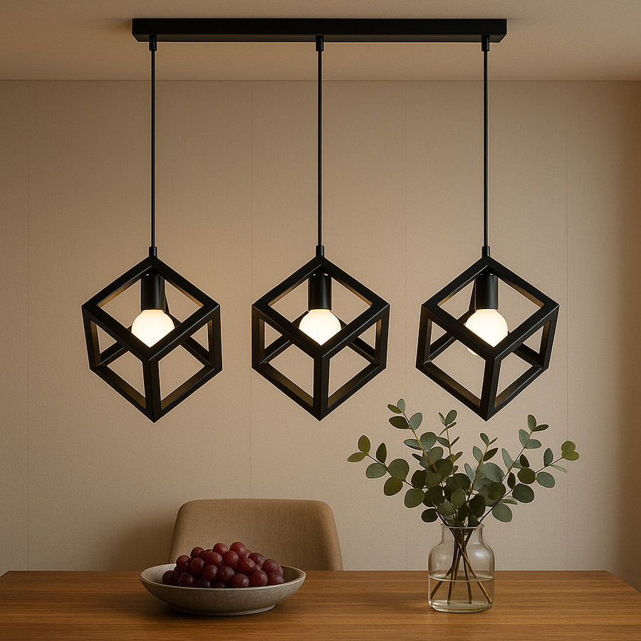 Lustra Forma Cub, STRUKTUR Linear Trio, 3x E27, Negru, Metal