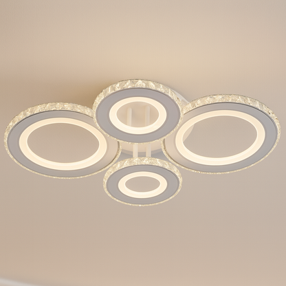 Lustra LED cu telecomanda si cristal NOVA ROTONDA RGB 82W, 4 Cercuri, lumina Rece/Calda/Neutra, Dimabila, Alb