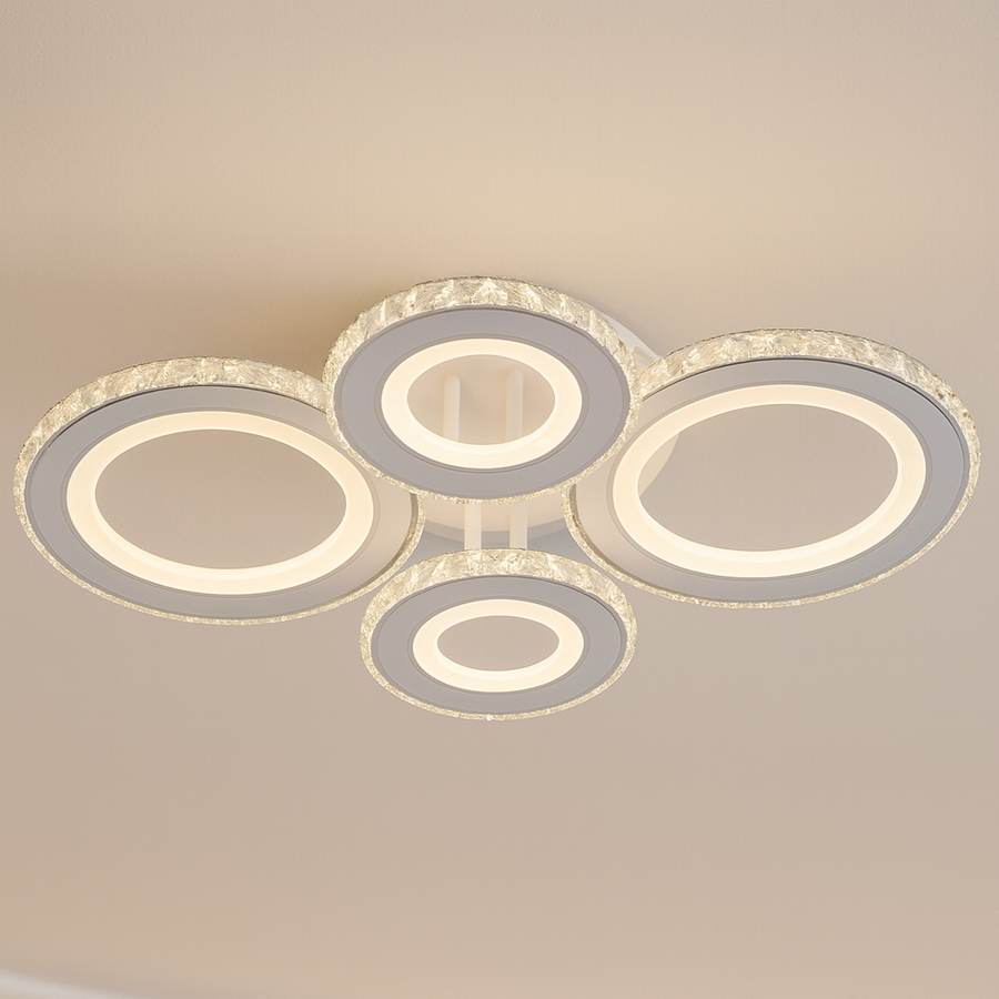 Lustra LED cu telecomanda si cristal NOVA ROTONDA RGB 82W, 4 Cercuri, lumina Rece/Calda/Neutra, Dimabila, Alb