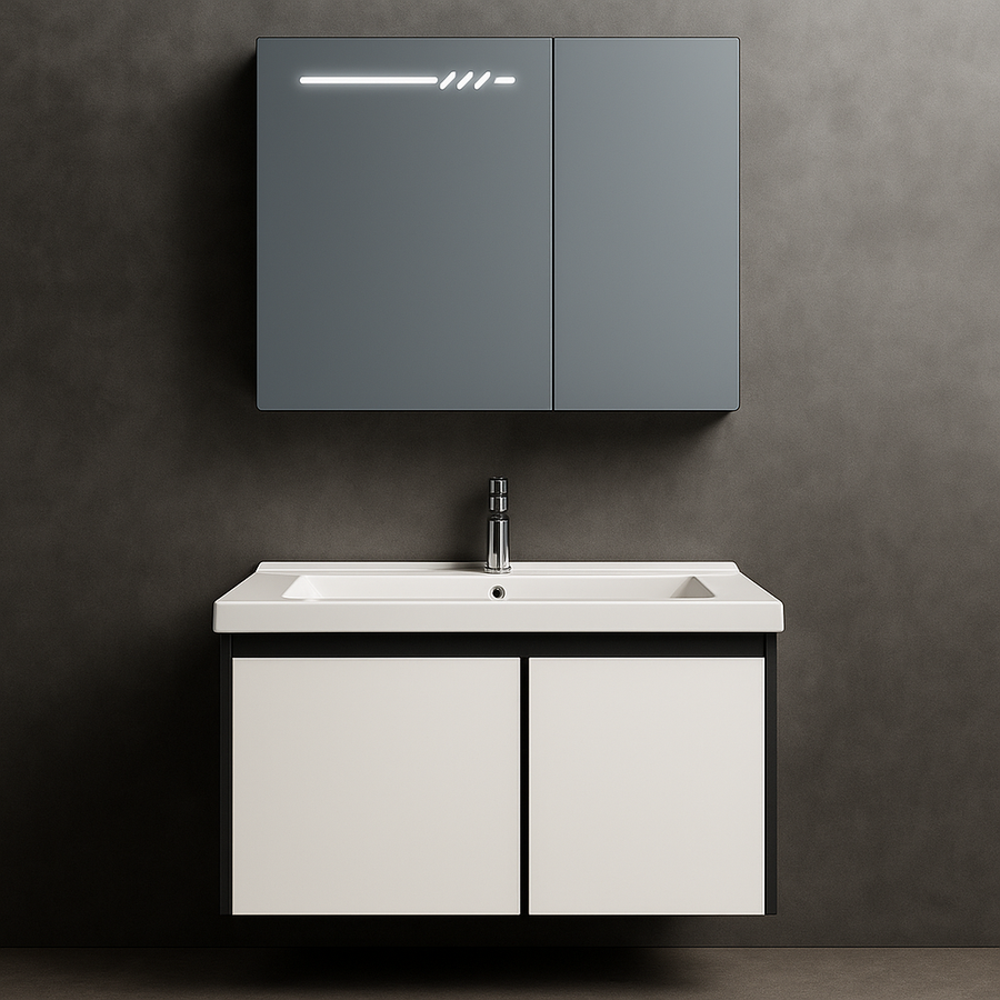Set Dulap Baie cu Oglinda LED si Dulap Lavoar Suspendat, 60x70 cm, Alb-Negru, Design Modern Minimalist