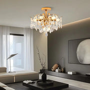 Candelabru Cristal Fiamma, 6x E14, Diametru 45cm, Auriu, Metal si Cristal