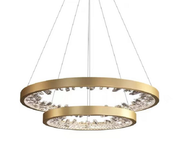 Lustra LED suspendata cu telecomanda, Cristale K9, 73W, 2 Cerc, 60 cm, lumina Rece/Calda/Neutra, Dimabila, Auriu, Inaltime Reglabila