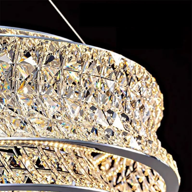 Lustra LED cu Telecomanda,LLC160/500GD, Cristal si Metal, 55W, Dimabila, Inaltime Reglabila, Lumina Rece/Calda/Neutra, Iluminat Luxos