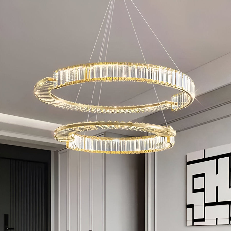 Lustra LED suspendata cu cristal PRISM REGAL 81W, 2 Cercuri, lumina Rece/Calda/Neutra, Dimabila, Auriu, Inaltime Reglabila