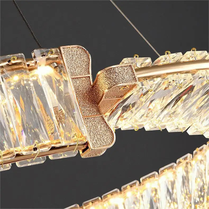 Lustra LED suspendata cu telecomanda si cristal PRISM REGAL 200W, 2 Cercuri, lumina Rece/Calda/Neutra, Dimabila, Auriu, Inaltime Reglabila