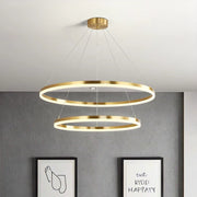 Lustra LED suspendata cu telecomanda CHRISTINE, 41W, 2 Cercuri, lumina Rece/Calda/Neutra, Dimabila, Auriu Lucios, Inaltime Reglabila