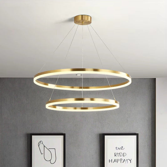 Lustra LED suspendata cu telecomanda CHRISTINE, 41W, 2 Cercuri, lumina Rece/Calda/Neutra, Dimabila, Auriu Lucios, Inaltime Reglabila