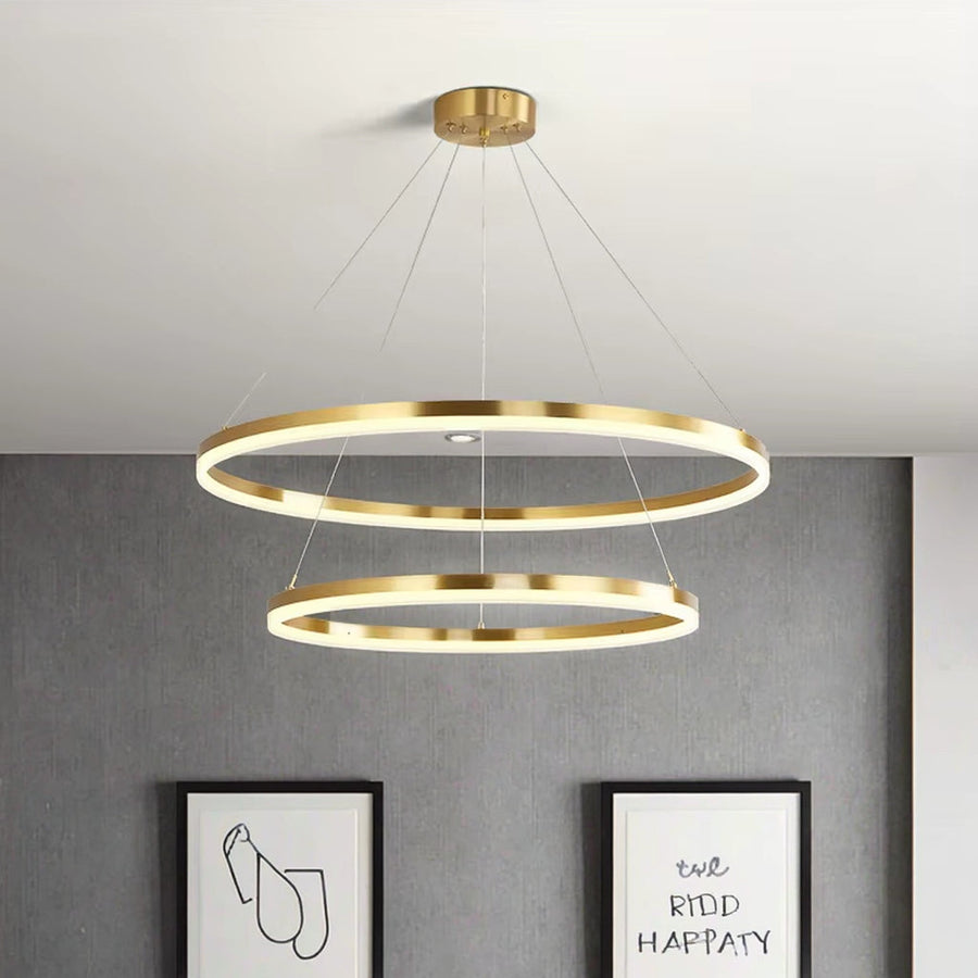 Lustra LED suspendata cu telecomanda CHRISTINE, 41W, 2 Cercuri, lumina Rece/Calda/Neutra, Dimabila, Auriu Lucios, Inaltime Reglabila