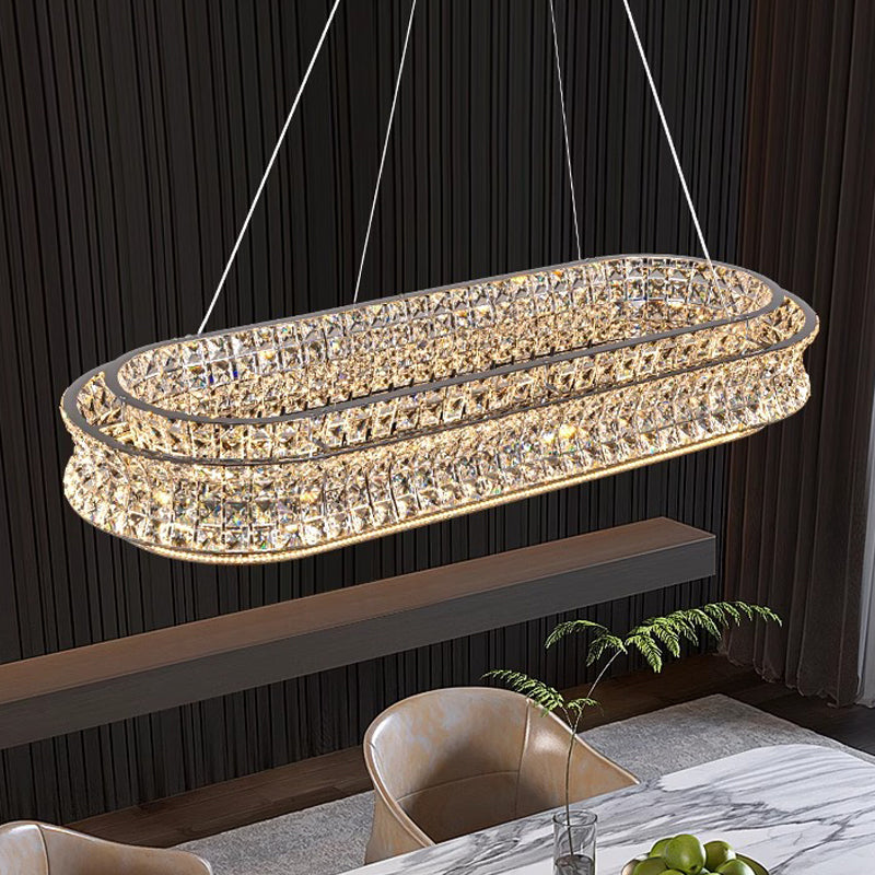 Lustra LED cu Telecomanda, LLC160/750X350CH, Cristal si Metal, 71W, Dimabila, Inaltime Reglabila, Lumina Rece/Calda/Neutra, Iluminat Luxos