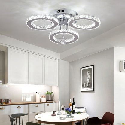 Lustra LED cu telecomanda si cristal ALANUBIS 40W, 3 Cercuri, lumina Rece/Calda/Neutra, Dimabila, Crom Lucios