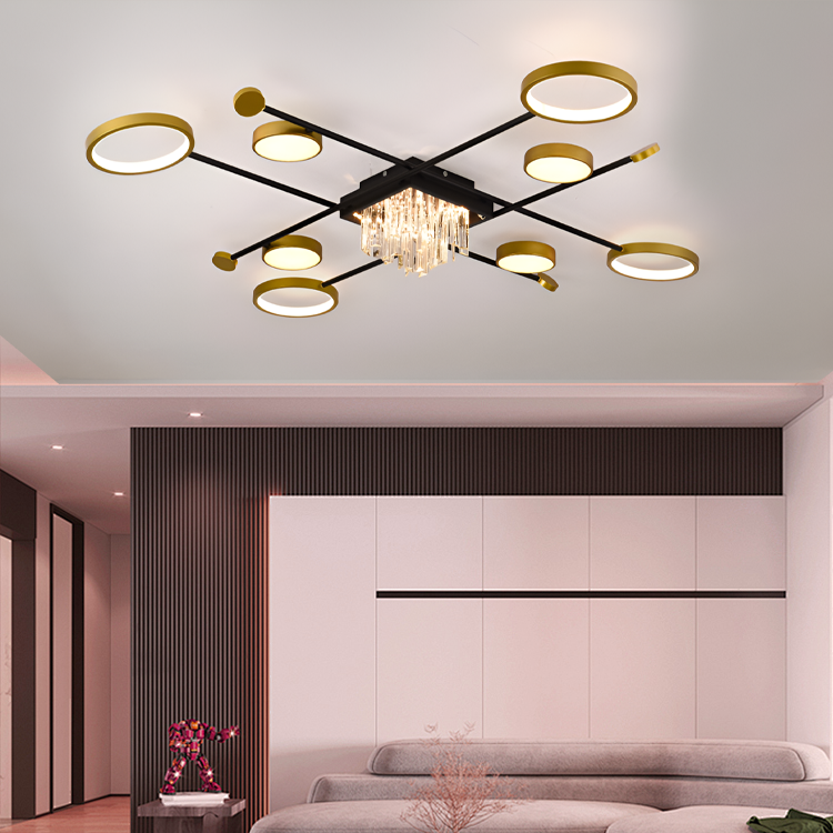 Lustra LED cu telecomanda si cristal GUIDA 46W, 8 Elemente, lumina Rece/Calda/Neutra, Dimabila, Negru Auriu