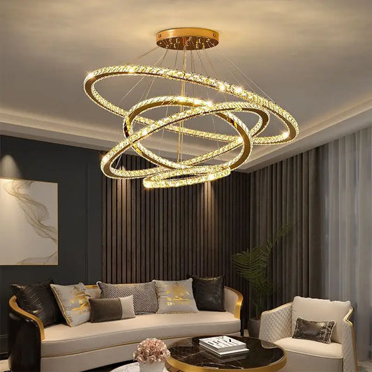 Lustra LED PRISM Luminis, Cristal si Metal, 210W, 4 Cercuri, Dimabila, Lumina Rece/Calda/Neutra, Iluminat Luxos