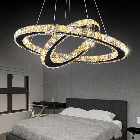 Lustra LED cu telecomanda si cristal PRISM LUMINIS 55W, 2 Cercuri, lumina Rece/Calda/Neutra, Dimabila, Argintiu, Inaltime Reglabila