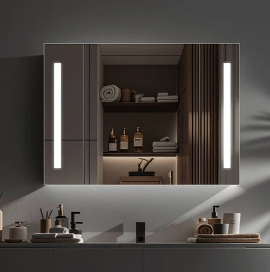 Oglinda LED cu Dulap AXEN 100x70 cm Alb  Banda Verticala si Senzor Touch