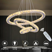 Lustra LED suspendata cu telecomanda si cristal CAYDEN 200W, 3 Cercuri, lumina Rece/Calda/Neutra, Dimabila, Crom Lucios, Inaltime Reglabila