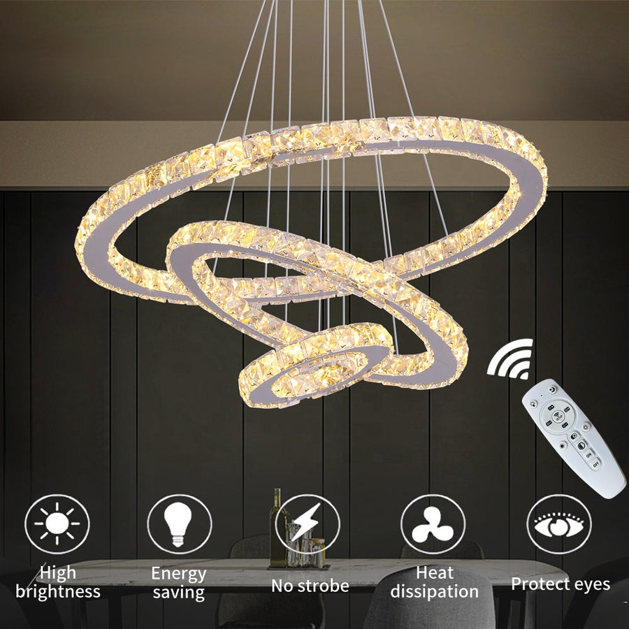 Lustra LED suspendata cu telecomanda si cristal CAYDEN 200W, 3 Cercuri, lumina Rece/Calda/Neutra, Dimabila, Crom Lucios, Inaltime Reglabila