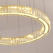 Lustra LED cu telecomanda LLC130/2CH, Cristal si Metal, 62W, 2 Cercuri, Dimabila, Inaltime Reglabila, Lumina Rece/Calda/Neutra, Iluminat Luxos