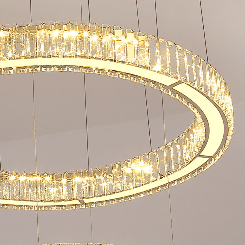 Lustra LED cu telecomanda LLC130/2CH, Cristal si Metal, 62W, 2 Cercuri, Dimabila, Inaltime Reglabila, Lumina Rece/Calda/Neutra, Iluminat Luxos