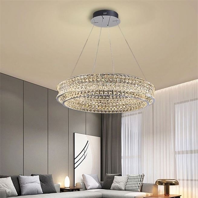 Lustra LED cu Telecomanda, LLC160/500CH, Cristal si Metal, 55W, 1 Cerc, Dimabila, Inaltime Reglabila, Lumina Rece/Calda/Neutra, Iluminat Luxos