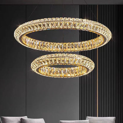 Lustra LED cu Telecomanda, LLC132/300+500GD, Cristal si Metal, 48W, 2 Cerc, Dimabila, Inaltime Reglabila, Lumina Rece/Calda/Neutra 3000K/4000K/6000K, Iluminat Luxos,