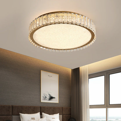 Lustra LED cu telecomanda si cristal LLC152/500CH 42W, 49cm, Cerc, lumina Rece/Calda/Neutra, Dimabila, Auriu