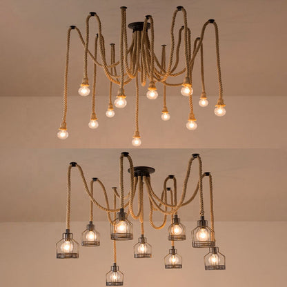 Lustra Vintage LV121/10BK, 10xE27, Rustic, Sfoara si Metal, 2x100cm, Suport Negru
