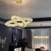 Lustra LED cu Telecomanda, LLC132/300+500GD, Cristal si Metal, 48W, 2 Cerc, Dimabila, Inaltime Reglabila, Lumina Rece/Calda/Neutra 3000K/4000K/6000K, Iluminat Luxos,