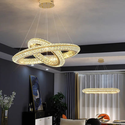 Lustra LED cu Telecomanda, LLC132/300+500GD, Cristal si Metal, 48W, 2 Cerc, Dimabila, Inaltime Reglabila, Lumina Rece/Calda/Neutra 3000K/4000K/6000K, Iluminat Luxos,