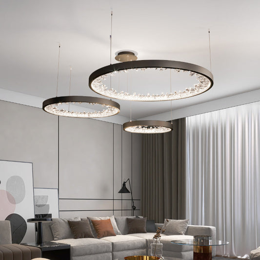 Lustra LED suspendata cu telecomanda, Cristale K9, 80W, 3 Cercuri, lumina Rece/Calda/Neutra, Dimabila, Negru, Inaltime Reglabila