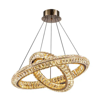 Lustra LED cu Telecomanda, LLC132/300+500GD, Cristal si Metal, 48W, 2 Cerc, Dimabila, Inaltime Reglabila, Lumina Rece/Calda/Neutra 3000K/4000K/6000K, Iluminat Luxos,