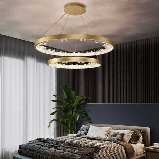 Lustra LED suspendata cu telecomanda, Cristale K9, 73W, 2 Cerc, 60 cm, lumina Rece/Calda/Neutra, Dimabila, Auriu, Inaltime Reglabila