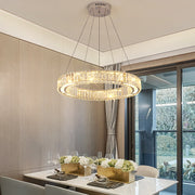 Lustra LED cu telecomanda LLC130/1CH, Cristal si Metal, 31W, 1 Cerc, Dimabila, Inaltime Reglabila, Lumina Rece/Calda/Neutra, Iluminat Luxos