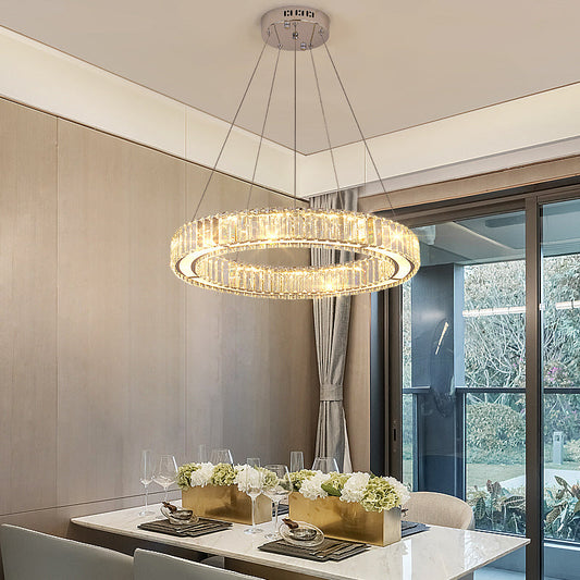 Lustra LED cu telecomanda LLC130/1CH, Cristal si Metal, 31W, 1 Cerc, Dimabila, Inaltime Reglabila, Lumina Rece/Calda/Neutra, Iluminat Luxos