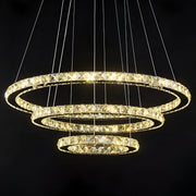 Lustra LED suspendata cu telecomanda si cristal PRISM LUMINIS 78.3W, 3 Cercuri, lumina Rece/Calda/Neutra, Dimabila, Argintiu, Inaltime Reglabila