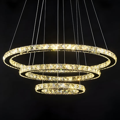 Lustra LED suspendata cu telecomanda si cristal PRISM LUMINIS 78.3W, 3 Cercuri, lumina Rece/Calda/Neutra, Dimabila, Argintiu, Inaltime Reglabila