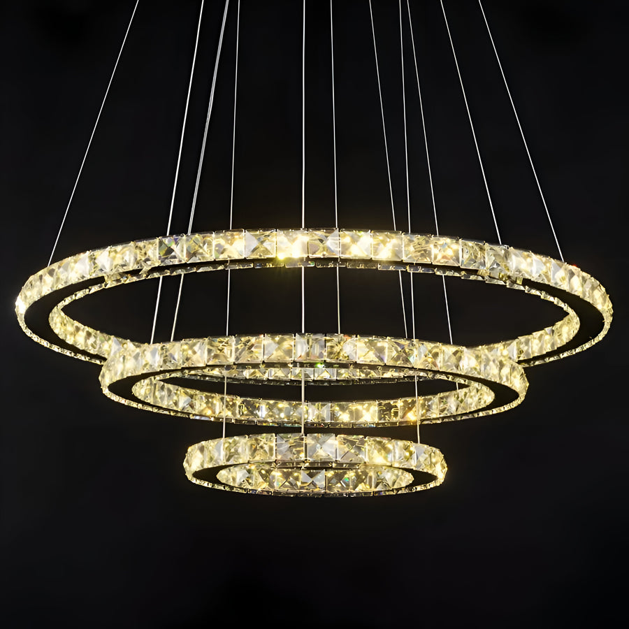 Lustra LED suspendata cu telecomanda si cristal PRISM LUMINIS 78.3W, 3 Cercuri, lumina Rece/Calda/Neutra, Dimabila, Argintiu, Inaltime Reglabila