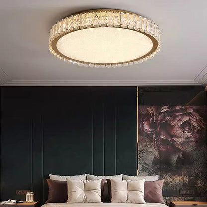 Lustra LED cu telecomanda si cristal LLC152/500CH 59W, 50cm, Cerc, lumina Rece/Calda/Neutra, Dimabila, Auriu