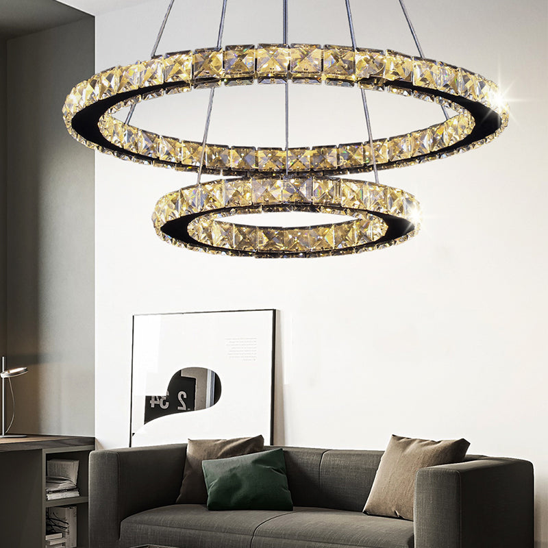 Lustra LED cu telecomanda si cristal PRISM LUMINIS 55W, 2 Cercuri, lumina Rece/Calda/Neutra, Dimabila, Argintiu, Inaltime Reglabila