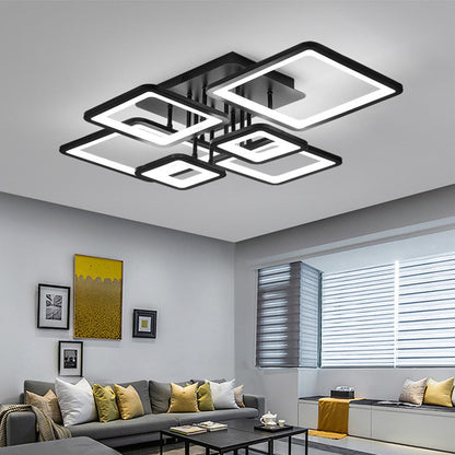Lustra LED cu telecomanda ELLA 120W, 6 Patrate, lumina Rece/Calda/Neutra, Dimabila, Negru, Metal si Acril