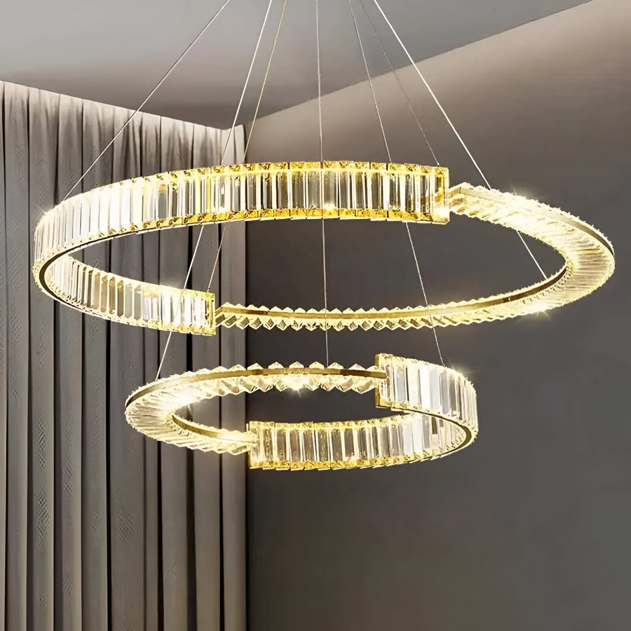 Lustra LED suspendata cu cristal PRISM REGAL 117W, 2 Cercuri, lumina Rece/Calda/Neutra, Dimabila, Auriu, Inaltime Reglabila