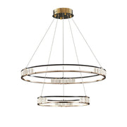 Lustra LED suspendata cu telecomanda si cristal ROGER 100W, 2 Cercuri, lumina Rece/Calda/Neutra, Dimabila, Auriu Lucios, Inaltime Reglabila
