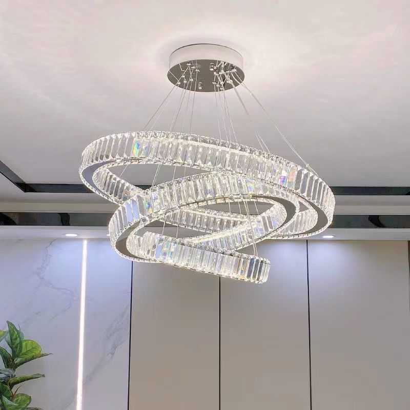 Lustra LED cu telecomanda LLC130/3CH, Cristal si Metal, 119W, 3 Cercuri, Dimabila, Inaltime Reglabila, Lumina Rece/Calda/Neutra, Iluminat Luxos
