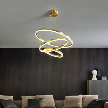 Lustra LED suspendata cu telecomanda ELIZABETH, 85W, 3 Cercuri, lumina Rece/Calda/Neutra, Dimabila, Auriu Lucios, Inaltime Reglabila