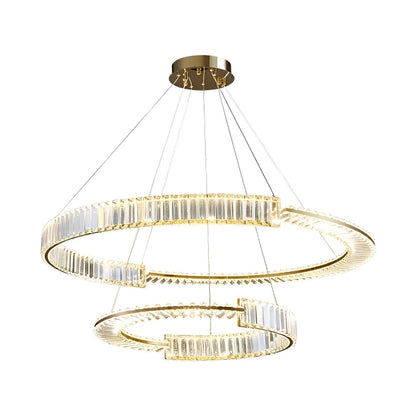 Lustra LED suspendata cu cristal PRISM REGAL 117W, 2 Cercuri, lumina Rece/Calda/Neutra, Dimabila, Auriu, Inaltime Reglabila