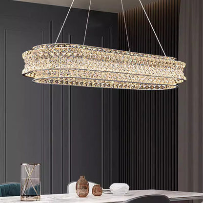Lustra LED cu Telecomanda, LLC160/750X350CH, Cristal si Metal, 71W, Dimabila, Inaltime Reglabila, Lumina Rece/Calda/Neutra, Iluminat Luxos