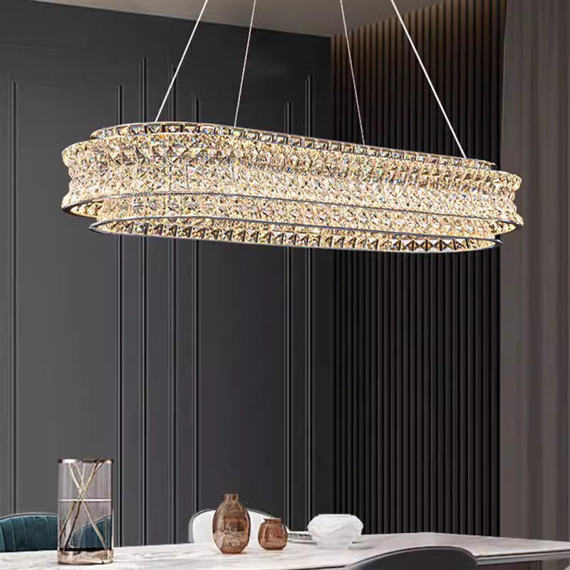 Lustra LED cu Telecomanda, LLC160/750X350CH, Cristal si Metal, 71W, Dimabila, Inaltime Reglabila, Lumina Rece/Calda/Neutra, Iluminat Luxos