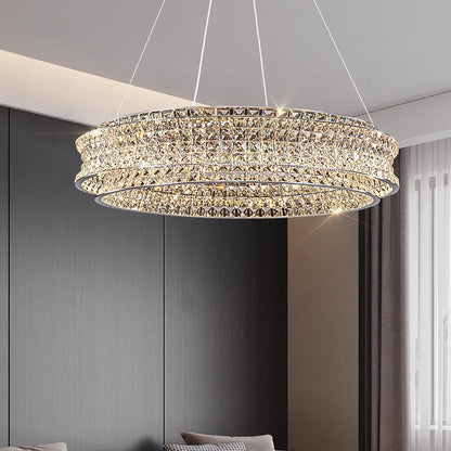 Lustra LED cu Telecomanda, LLC160/500CH, Cristal si Metal, 55W, 1 Cerc, Dimabila, Inaltime Reglabila, Lumina Rece/Calda/Neutra, Iluminat Luxos